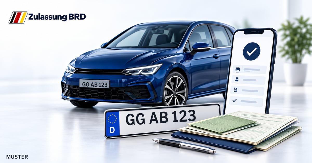 Online Fahrzeugzulassung in Bischofsheim: Musterkennzeichen GG AB 123, Auto und Fahrzeugpapiere und Smartphone. Illustration mit Logo von Zulassung BRD.